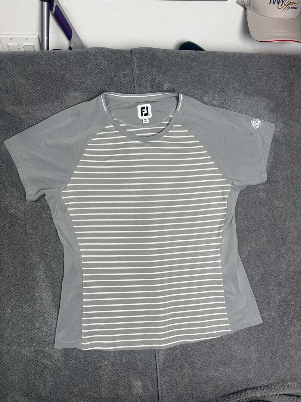 FootJoy Women's Gray and White Striped Short Sleeve A Golf Shirt Size XL 1195